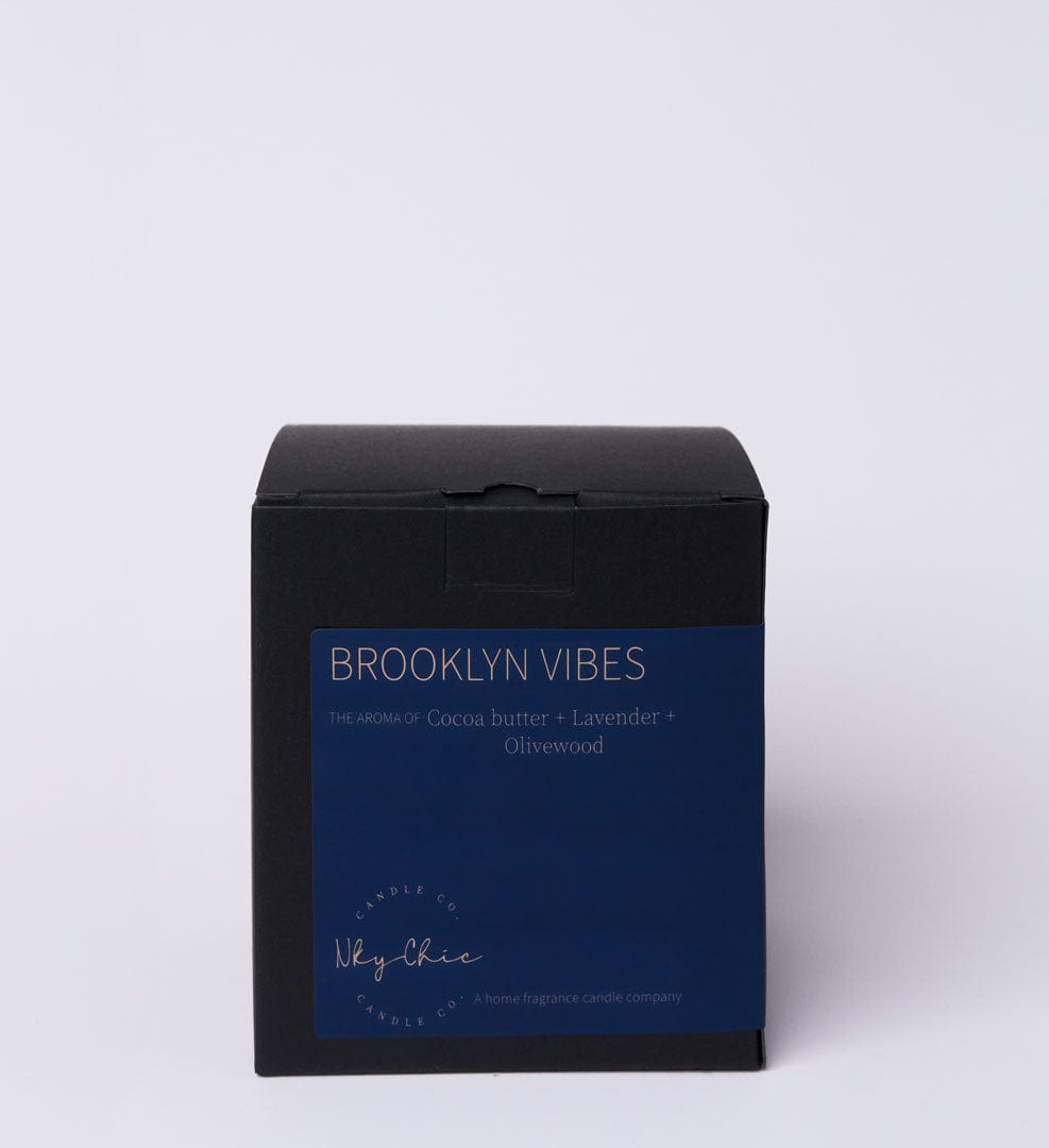 Black and blue candle box with 'Brooklyn Vibes' text on a white background